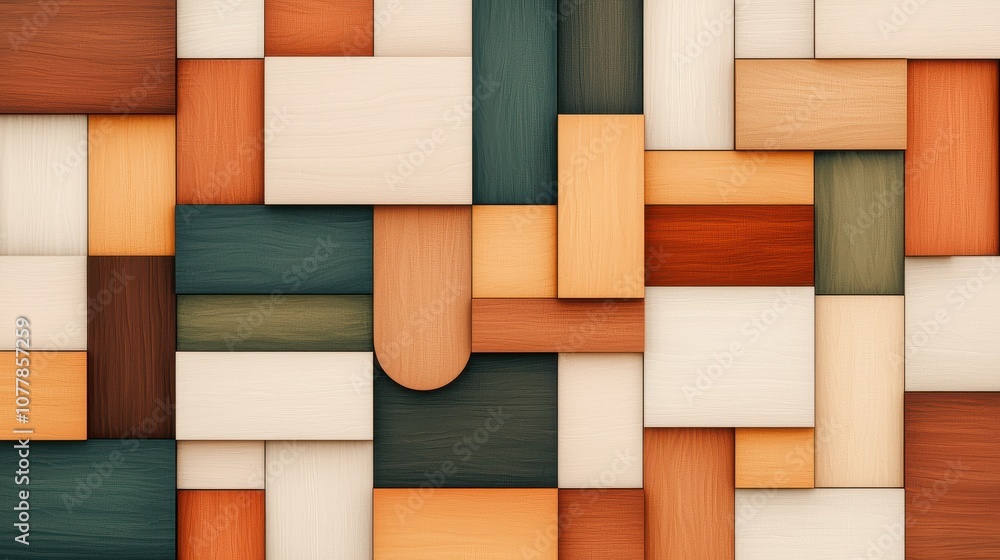 Poster a vibrant, abstract wood pattern featuring various shapes and colors, creating a visually appealing 