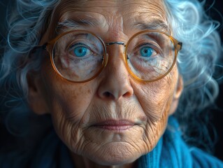 Close-up Portrait of an Elderly Woman with Blue Eyes and Wrinkles