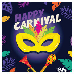 Carnival with feather masks and maracas. Samba music party in Brazil. Carnival party concept. Flat vector illustration.