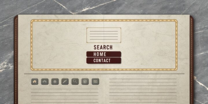 Old School Layout A nostalgic grayish background with a prominent search input area. The title of the page is in a large bold font above it. A row of functional buttons labeled
