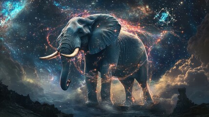 elephant where the body is formed by intertwining light beams and waves,
