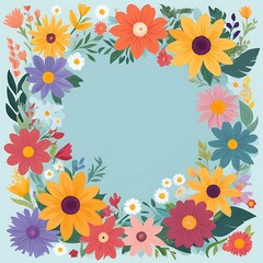 A Circular Frame of Vibrant Flowers on a Blue Background