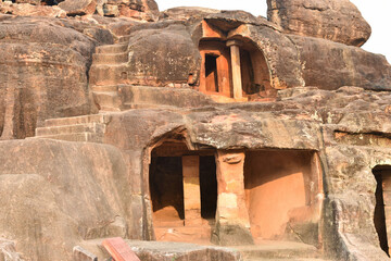 Rani Gumpha or cave of the queen at Udayagiri and Khandagiri Caves Bhubaneswar, Odisha India. Rani gumpha is a rock-cut two storied cave and it was built in the 2nd century BC by king kharavela