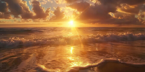 A breathtaking sunset on a serene beach, with golden rays of light reflecting off the water's surface.