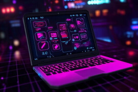 Pixel art of a laptop with a retro interface, in vibrant 8-bit colors and a nostalgic gaming feel