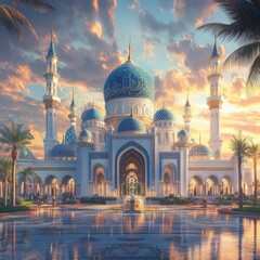 Majestic Mosque with Blue Domes and Golden Accents at Sunset