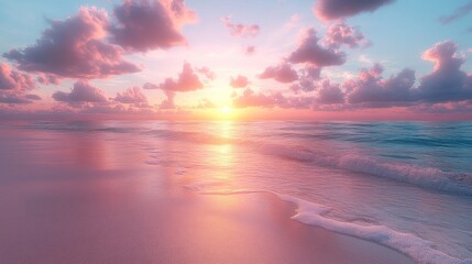 Fototapeta premium Serene sunset over a tranquil beach with gentle waves.