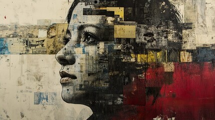 Abstract Collage Portrait: A Woman's Gaze - Contemporary Mixed Media Artwork