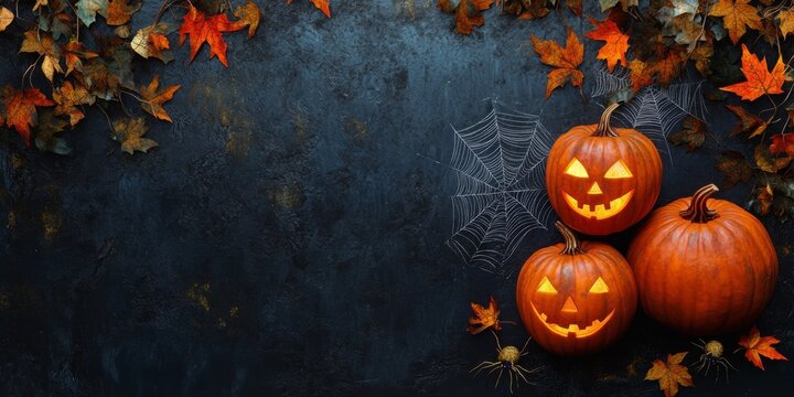 Autumn holiday concept composition and mock up of pumpkins, leaves, and spider web on a dark background. Top view with copy space.