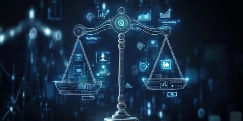 ai regulations concept visualized as digital icons and symbols surrounding a scale of justice highlighting the balance of technology and ethics in modern