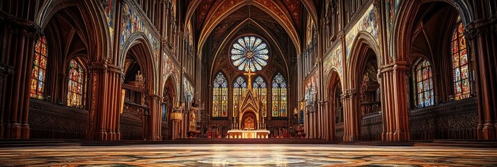 A grand interior of a cathedral featuring stained glass windows and intricate architecture.
