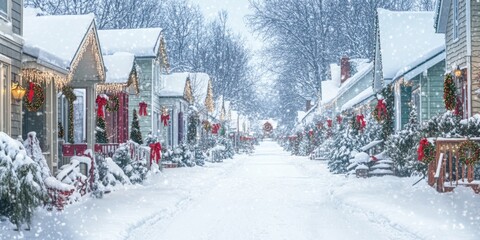 A snow covered street lined with houses decorated with Christmas lights and wreaths,space for text