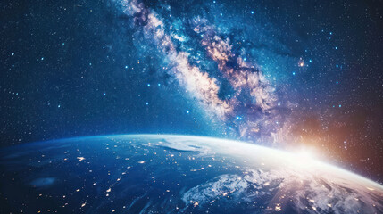 Fototapeta premium A breathtaking view of Earth's sky from space, the blue atmosphere curving along the planet's edge with the stars above