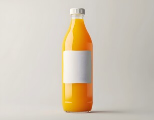 A mockup of an orange juice bottle with a white label