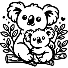 Fototapeta premium Family of mother and baby koalas sitting on eucalyptus branch for photo at zoo in monochrome. Simple minimalistic vector in black ink drawing on transparent background