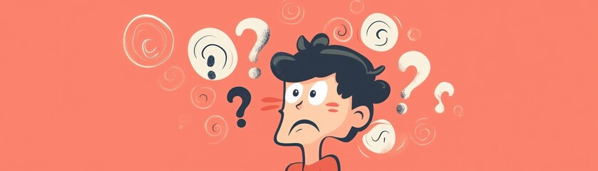 A confused character surrounded by question marks, expressing uncertainty or curiosity.