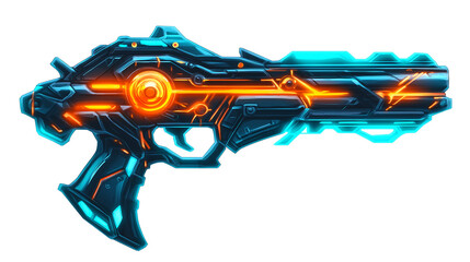 Naklejka premium Sci fi Gun A futuristic sleek gun with glowing blue and orange details This could be used as a cool graphic design element for a game or website
