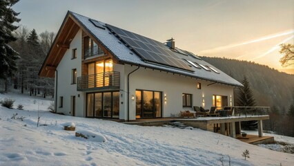 Eco-Friendly Passive House in Winter with Solar Panels, Light-Filled Interior, and Scenic Forest Landscape