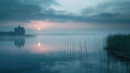 A calm lake at dawn, the early morning mist creating an ethereal atmosphere as the sun begins to rise