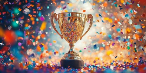 A gleaming gold winners trophy cup takes centre stage, surrounded by a festive explosion of colorful celebration confetti and sparkling glitter, symbolizing victory and success in a competition.