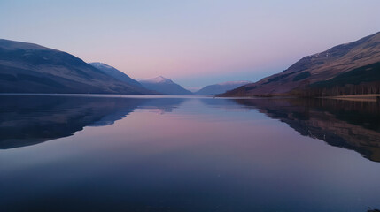 A calm lake at dusk, the water so still it perfectly mirrors the fading light and distant mountains