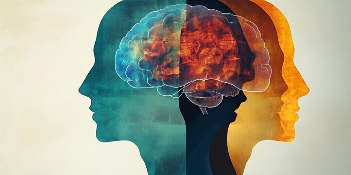 Illustration of layered human profiles with a brain symbolizing the complexity of bipolar disorder. 