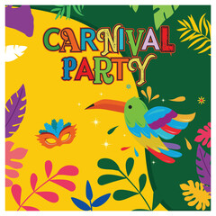 Brazilian carnival celebration with spring leaf Toucan bird. Festive party with feather masks. Carnival party concept. Flat vector illustration.