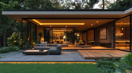 Obraz premium Modern home with open design and lush outdoor space.