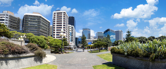 Panoramic skyline of Wellington downtown financial center, New Zealand.