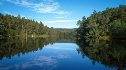 Obraz premium A calm lake surrounded by dense, towering trees, the reflection of the forest perfectly mirrored in the water below
