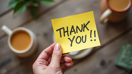 Hand holding a ‘THANK YOU!’ sticky note on a rustic wooden table.