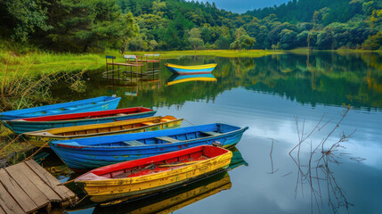 Obraz premium A calm lake with colorful wooden boats tied to a small dock, the water reflecting the vibrant scene
