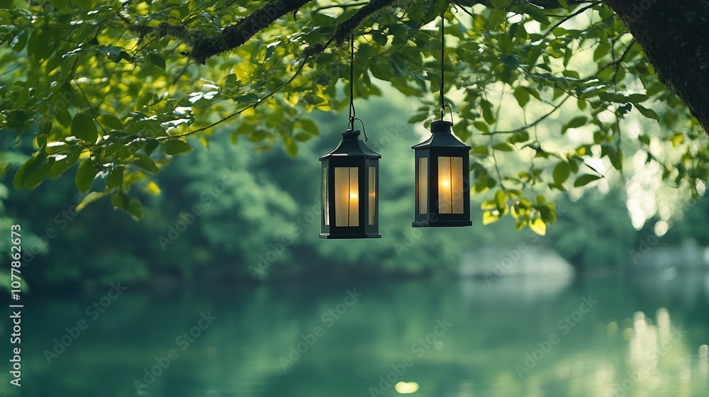 Poster two black lanterns hang from a tree branch over a pond with green water.