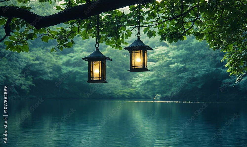 Poster two glowing lanterns hang from a tree branch above a tranquil lake. (1)