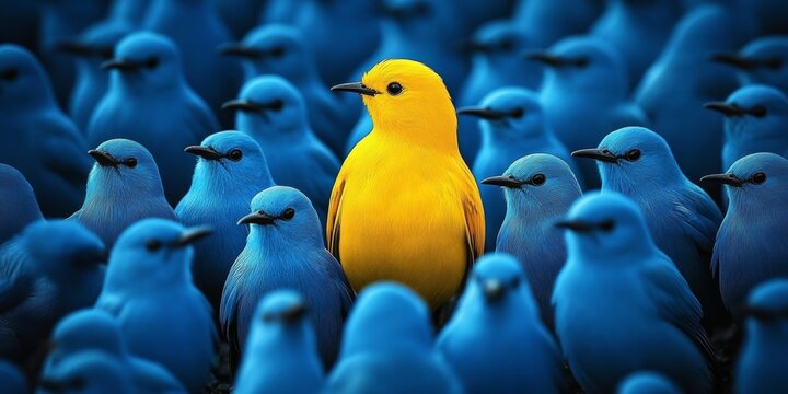 A vibrant yellow bird stands out in a crowd of identical blue birds, symbolizing individuality, uniqueness, and the courage to be different in a conformist society. 