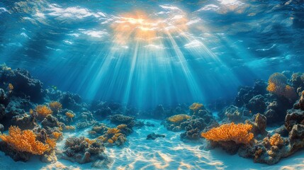 Sunbeams illuminate a vibrant coral reef underwater.