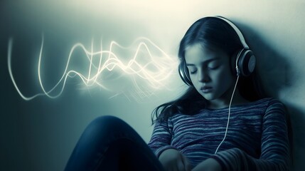 A young girl with headphones in a dim room, lost in thought; surreal soundwaves depict auditory hallucinations and isolation