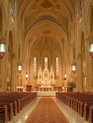 Fototapeta premium Interior of a grand church featuring an altar, pews, and stained glass windows.