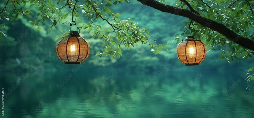 Poster two glowing lanterns hang from tree branches over a tranquil lake.