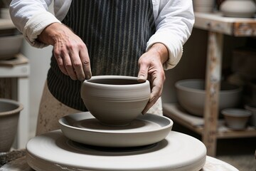 Master Potter's Skilled Hands Crafting a Sophisticated Clay Bowl at the Wheel