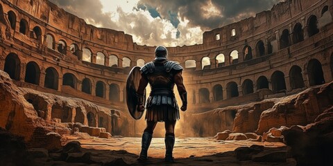 Ancient roman gladiator entering the colosseum before battle