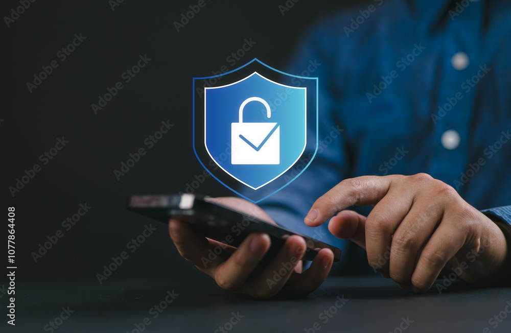 Aufkleber Cyber ​​security and data protection, businessman using smartphone internet network security, protect business and financial transaction data from cyber attack, user private data security encryption.