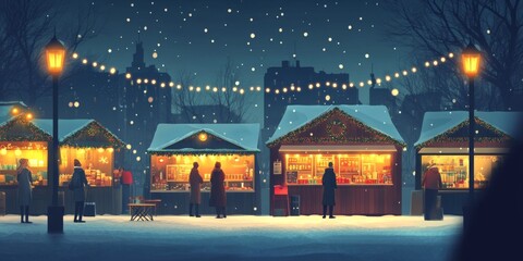 A Christmas market with festive stalls, twinkling lights, and shoppers enjoying the holiday spirit