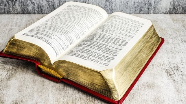 An open book with thick, gilded pages, resting on a textured surface.