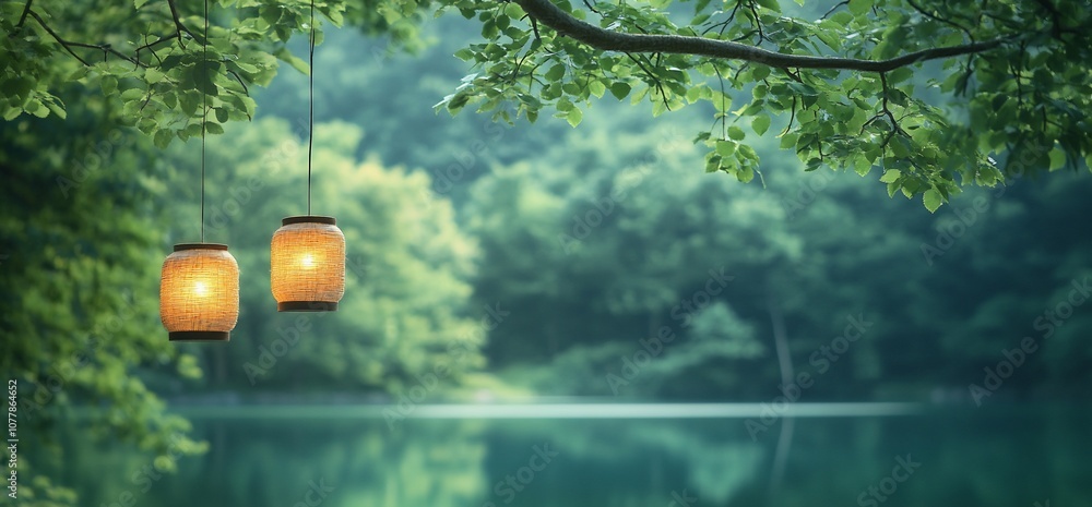 Aufkleber Two lanterns hang from a tree branch above a lake with a forest background.