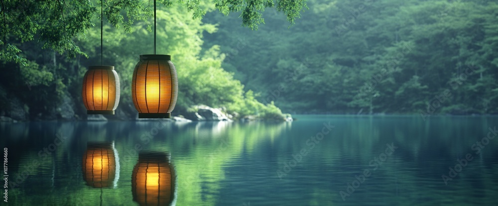 Poster Two lanterns hang above a tranquil lake with lush green foliage in the background.