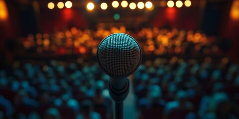 A single microphone on a stand is highlighted by a spotlight against a blurred background of an auditorium filled with an expectant audience, suggesting a live performance or speech.
