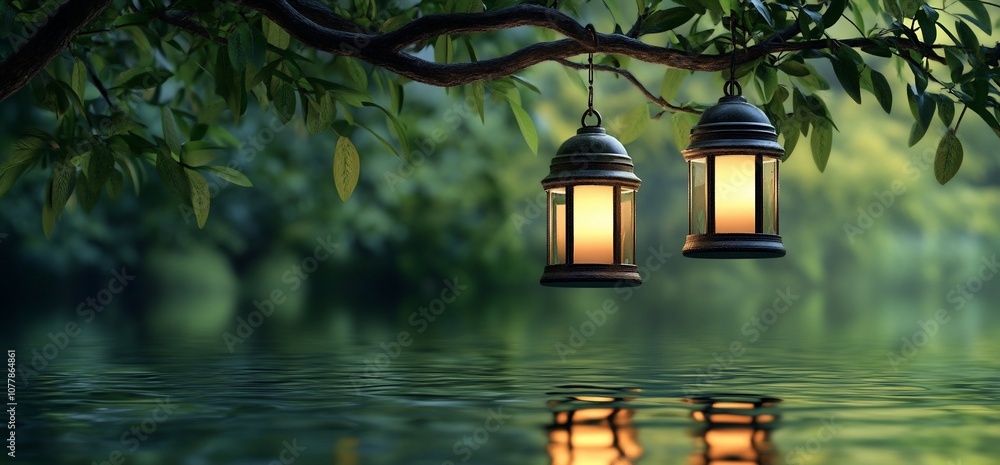 Poster two lanterns hang from a tree branch over a calm body of water.