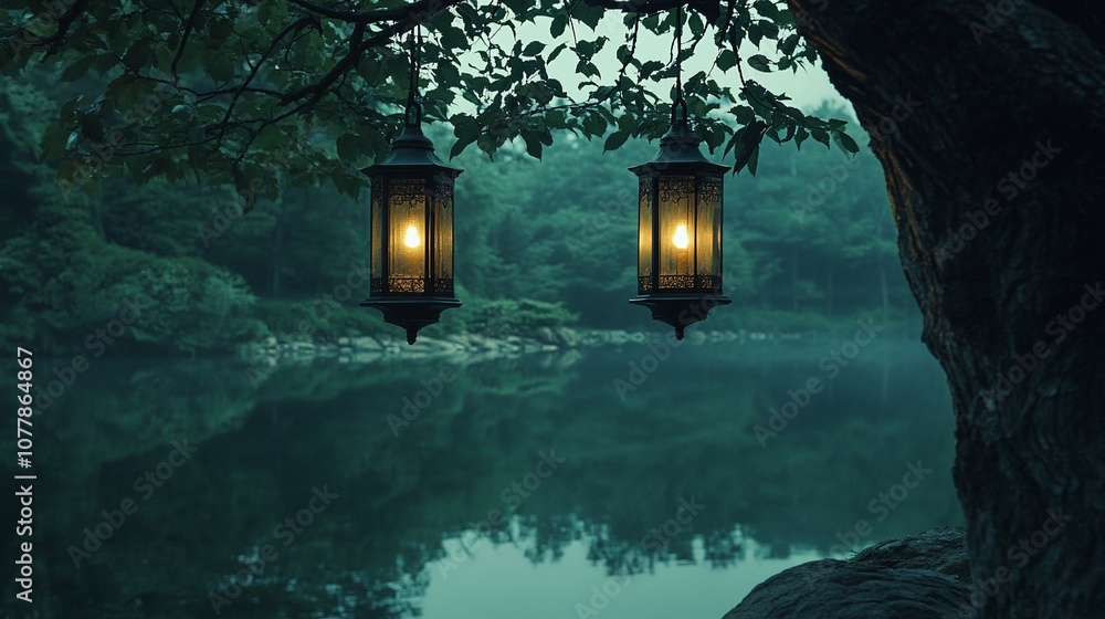 Aufkleber two lanterns hang from a tree branch above a still lake in a misty forest.