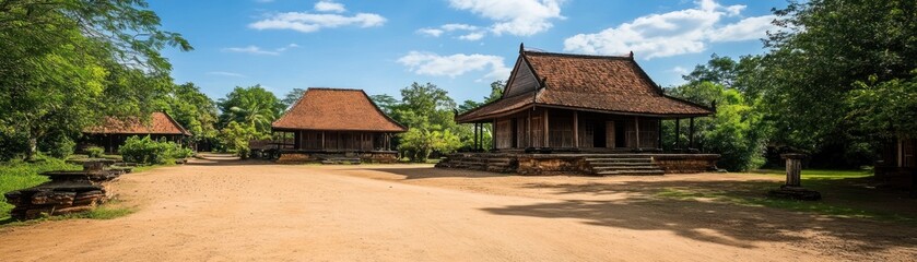 Fototapeta premium Serene landscape featuring traditional wooden structures amidst lush greenery and blue skies.